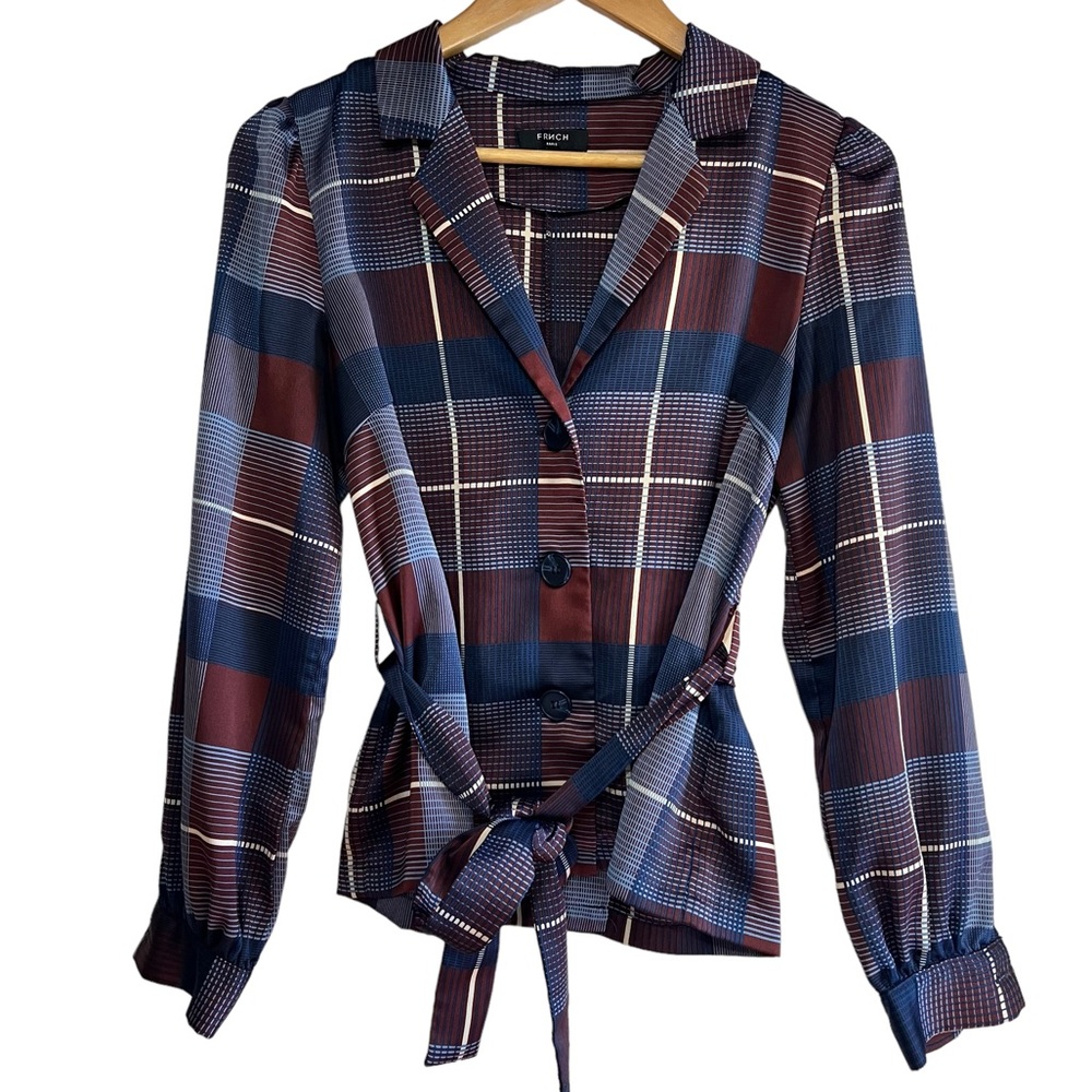 FRNCH Plaid Button-Front Tie Waist Blouse in Navy and Burgundy